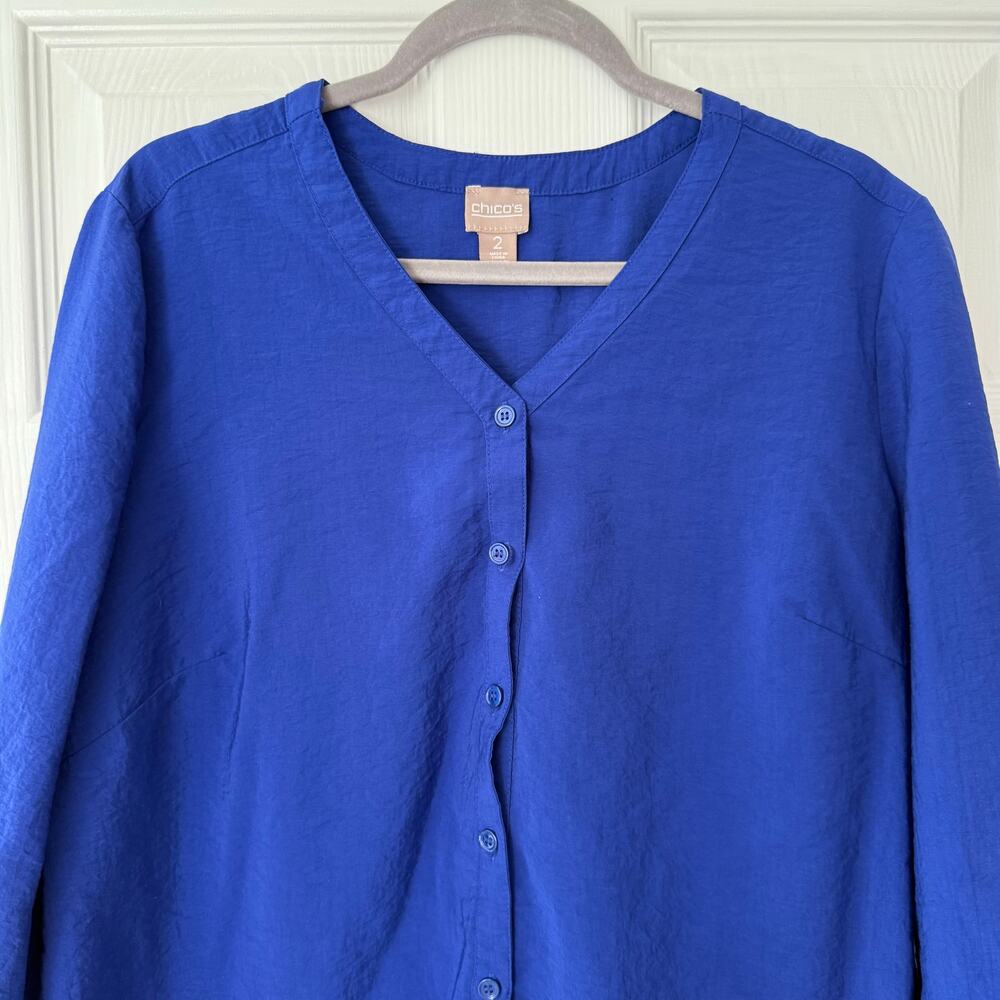 Chico's Women's Blue Button Down Roll Tab Sleeve V-Neck Top Size 2 - Picture 2 of 14